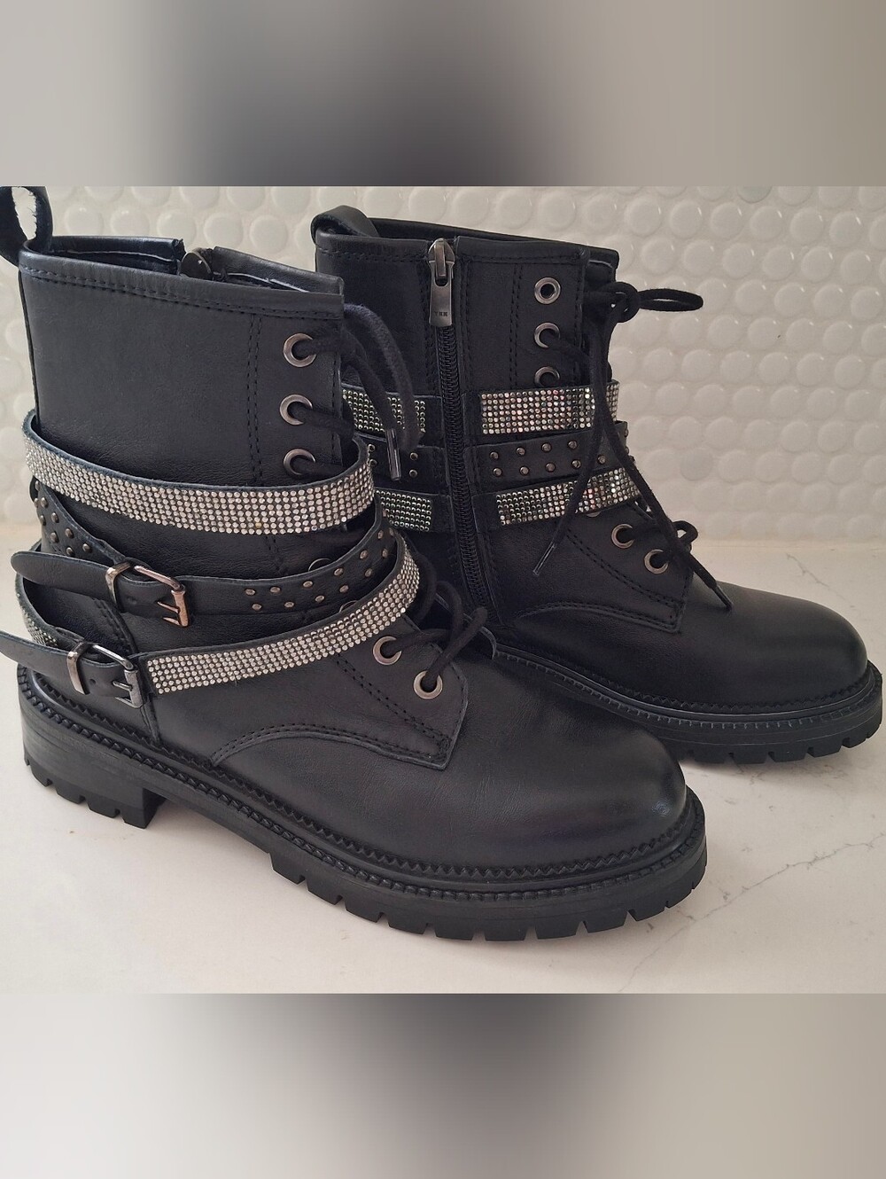 Black Women's Studded Combat Boots with Rhinestone Straps Size 6 Worn Once EUC